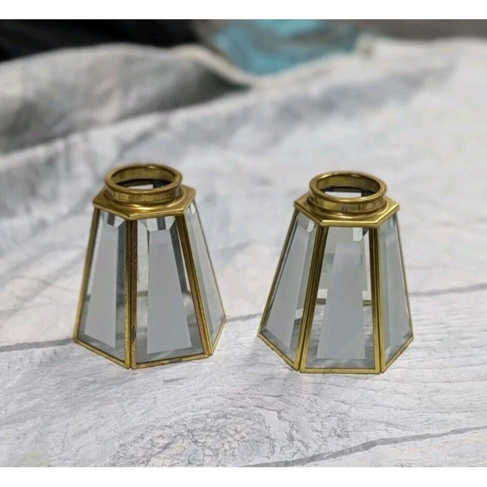 TWO Vintage Brass & Glass Light Covers Shades‎ 2-1/8” Fitter  2.75-4.75” Flare
